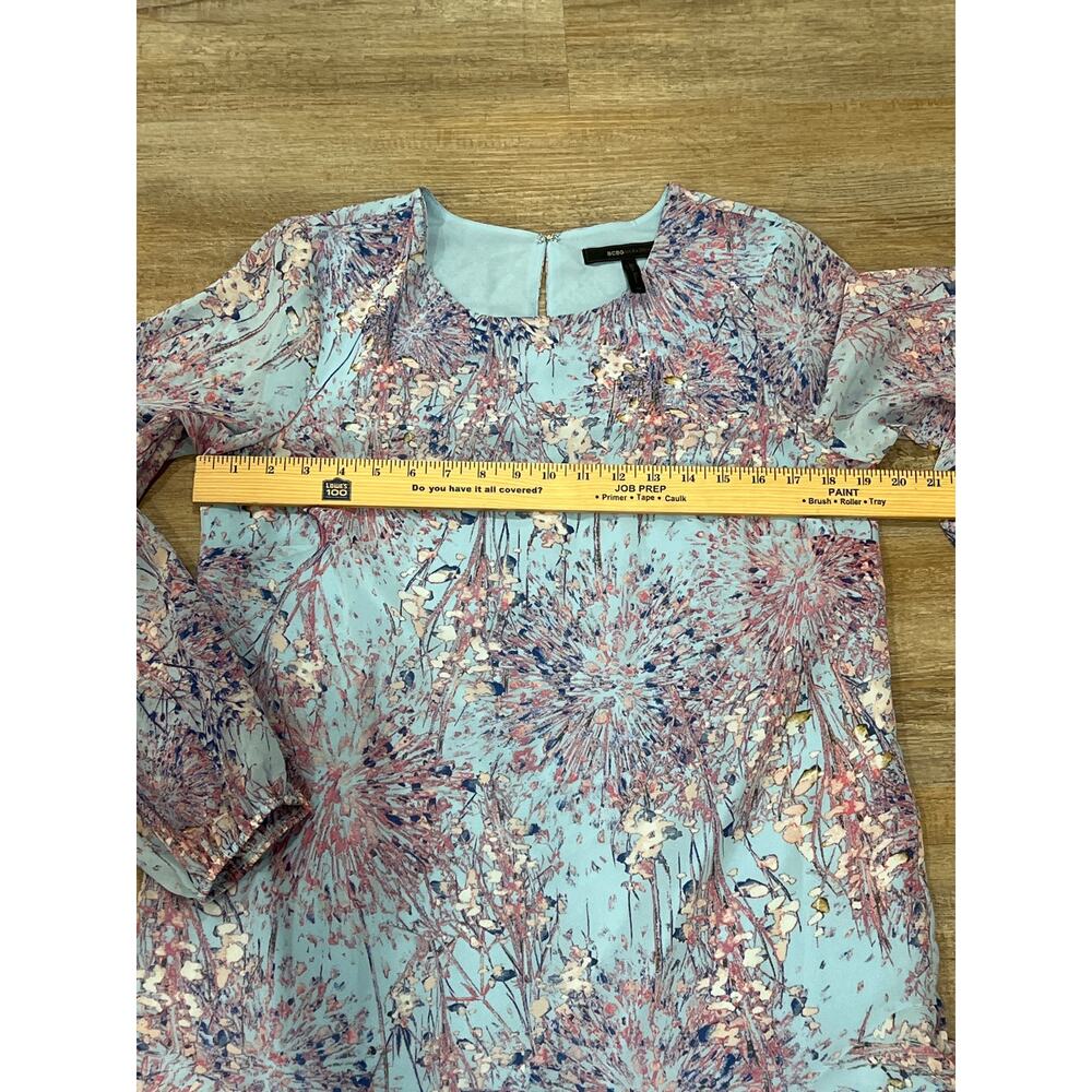 BCBGMAXAZRIA Size M Blue Floral Long Sleeve Ruffle Hem Shift Dress - Picture 14 of 16